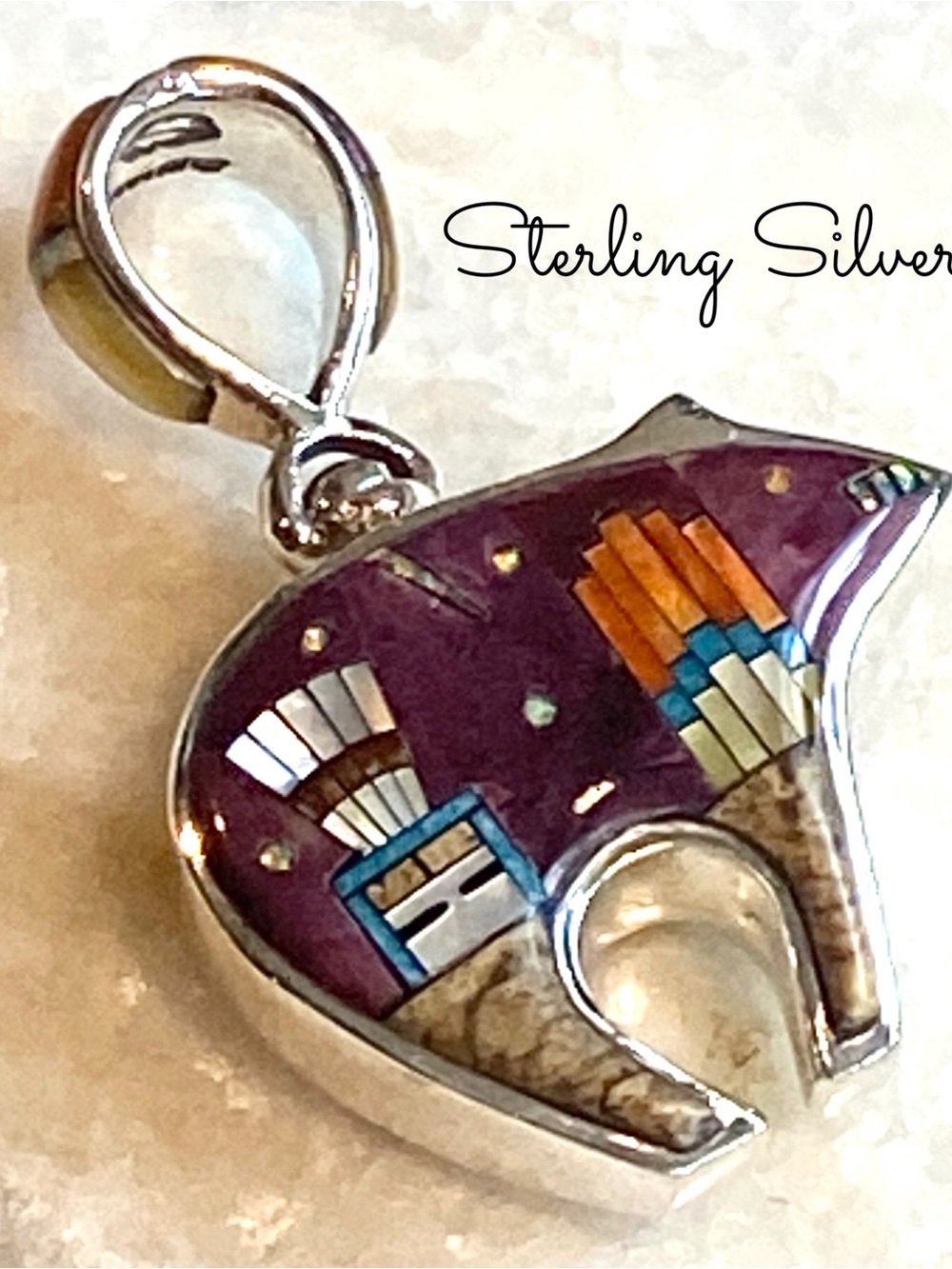 Sterling Silver Micro Inlay Bear Reversible Pendant, Southwestern Style Design - Picture 8 of 11